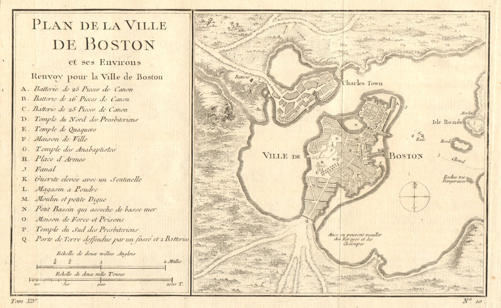 'Plan de la ville de Boston'. Boston & Charlestown plan. BELLIN 1757 old map